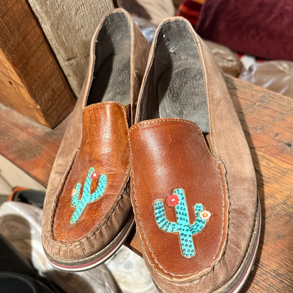 Roper Brown and Tan Moccasins with Cactus Design
